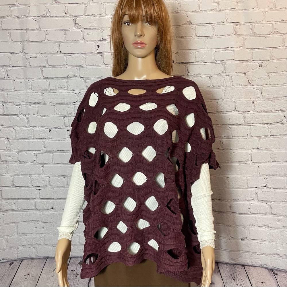 Katherine Barclay Knit Burgundy Cotton Blend Poncho Cape Size S/M